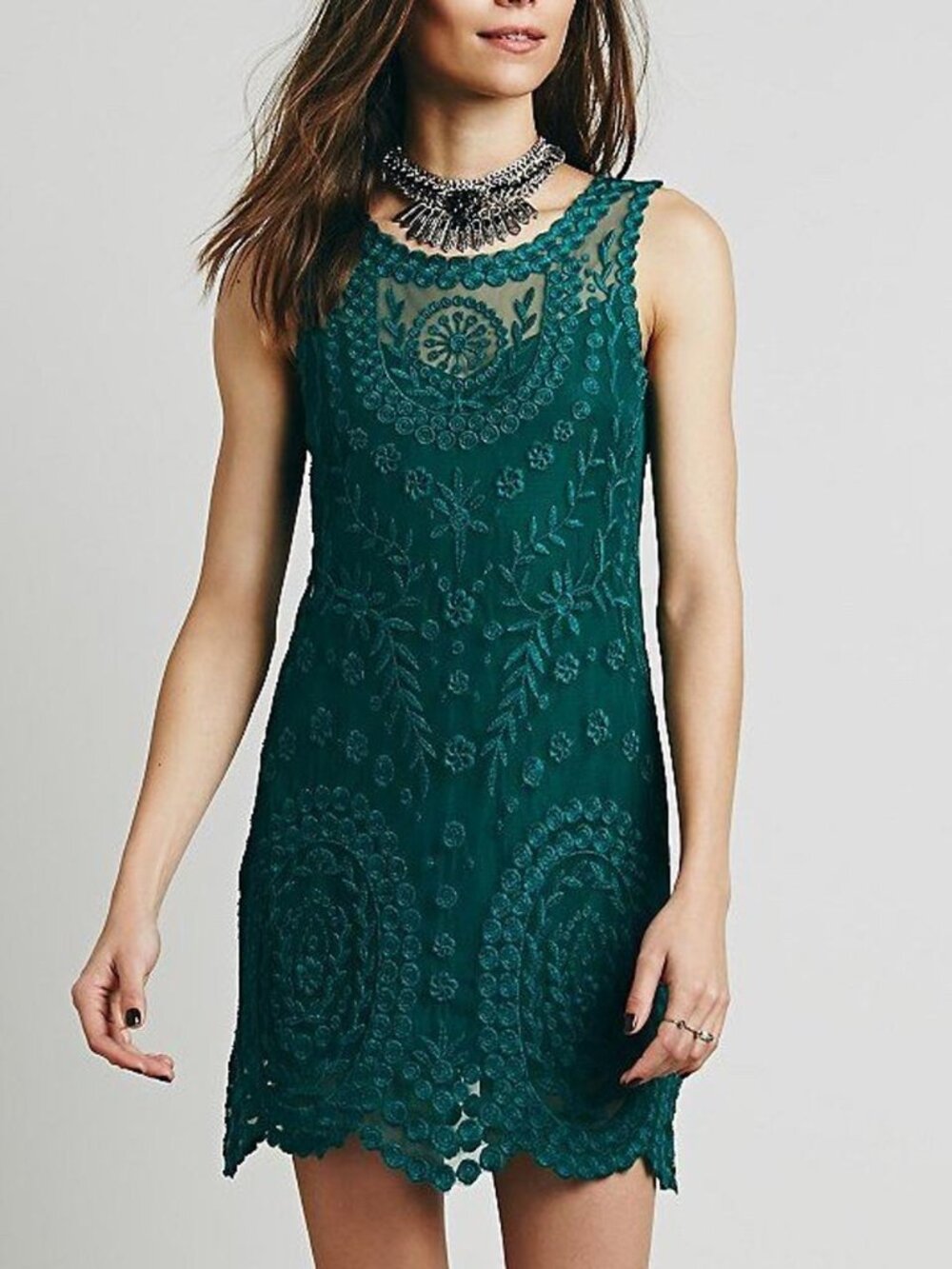 Free People Teal Embroidered Medallion Lace Slip Mini Dress in Teal Size M